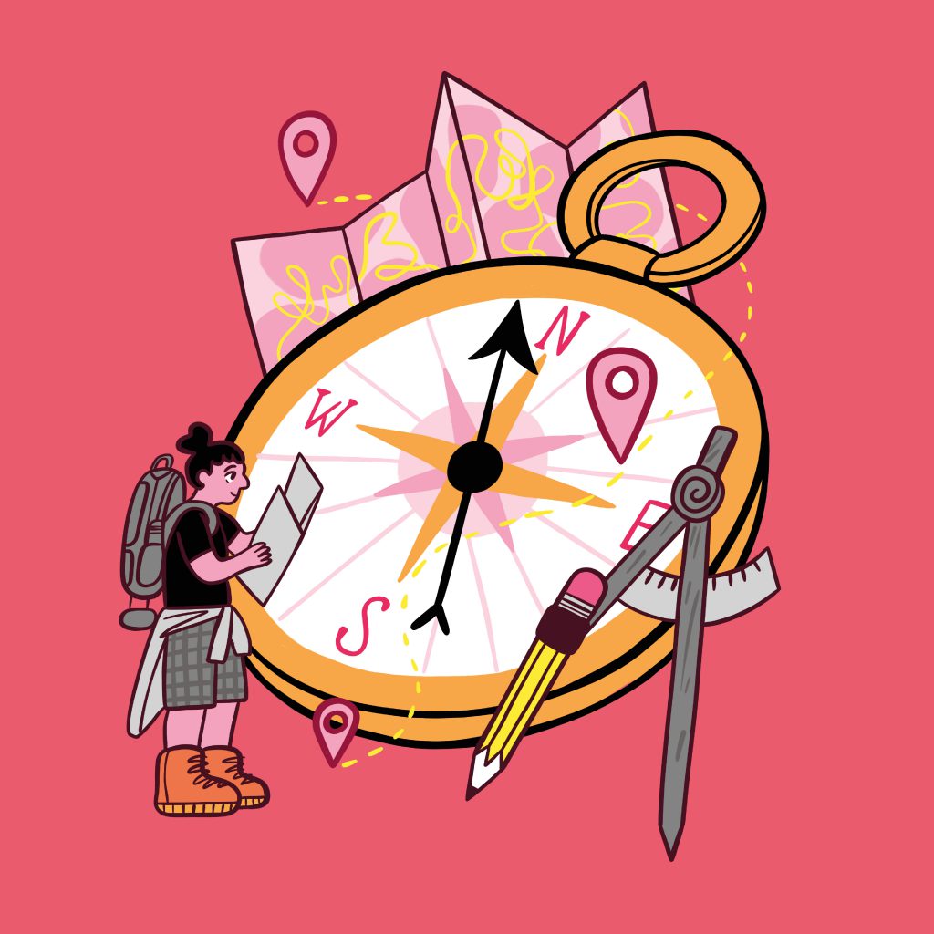 Illustration on a pink background, showing a person dressed in hiking gear reading a map, with a compass behind.