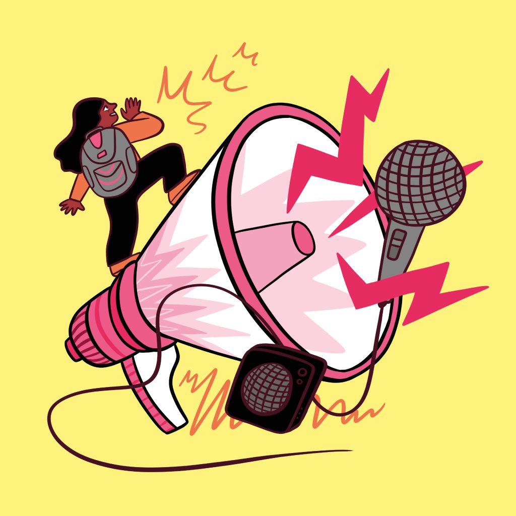 Illustration on a yellow background, showing a person standing on top of a megaphone, with a microphone showing sound waves.