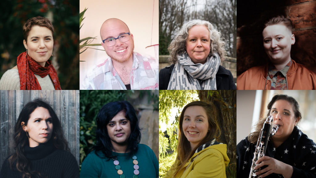 A collage of photographs of the Sensory Collective team. From left to right they are: Joanna Young, Max Alexander, Mhari Robinson, Kirsty Biff Nicolson, Kirstin Abraham, Niroshini Thambar, Nina Doherty and Sonia Allori.