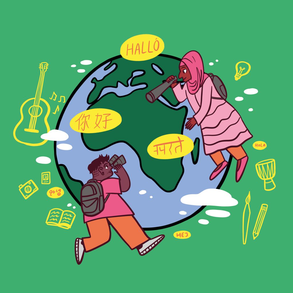 An illustration of a globe, with two people looking at one another from different sides. There are speech bubbles saying 'hello' in different languages, and a range of instruments and art materials.
