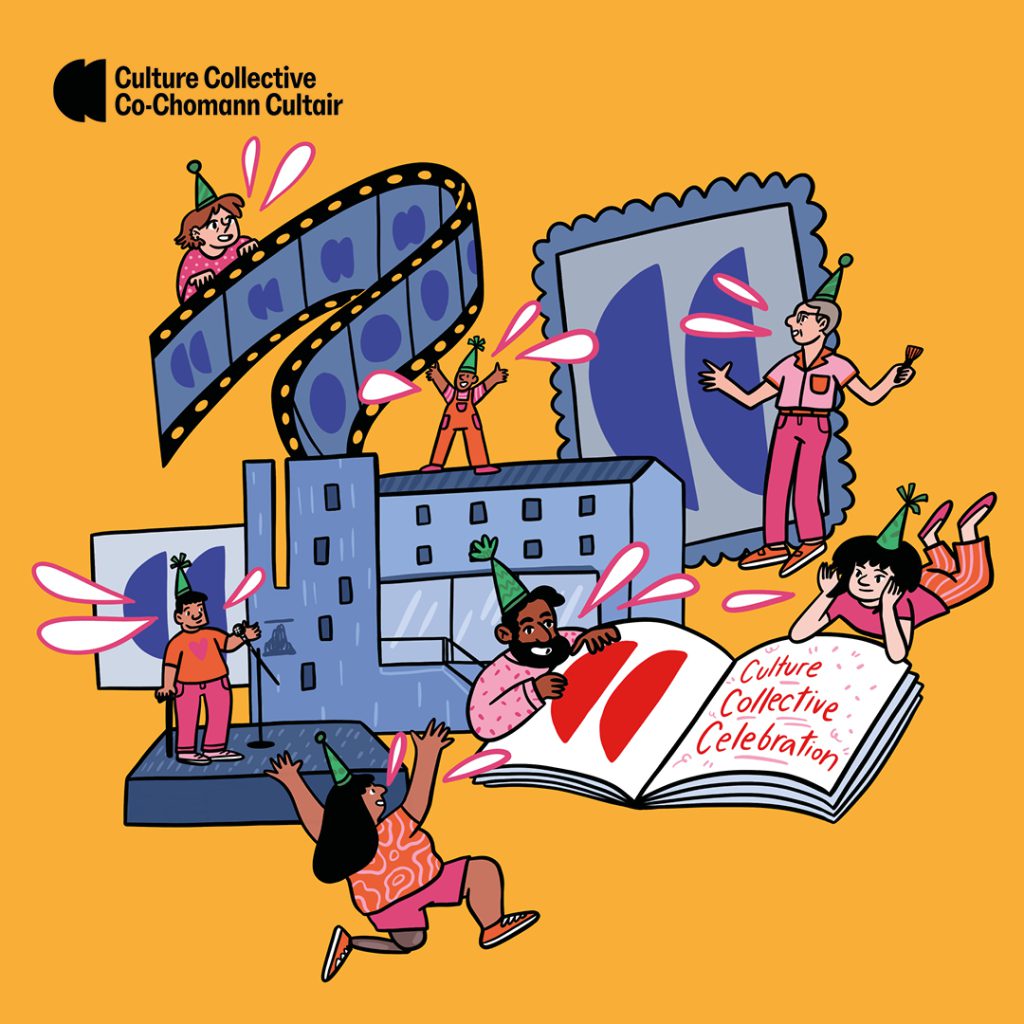 An illustration on a yellow background, showing people showing off films, books and performances about Culture Collective.
